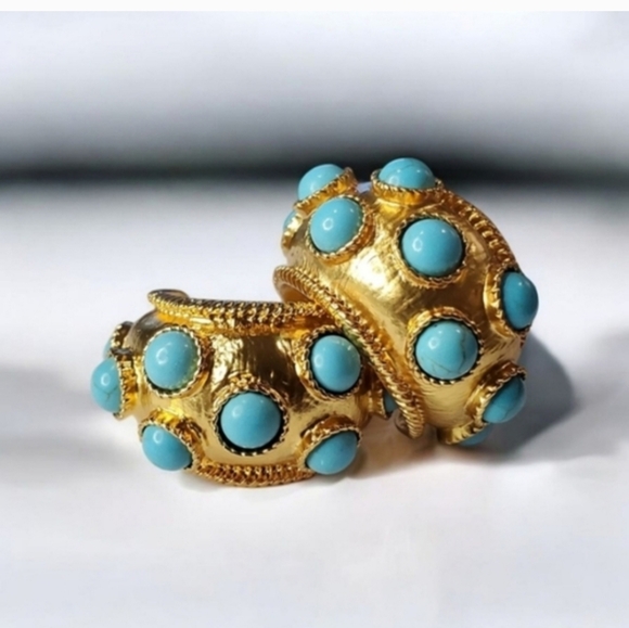 Chunky Oversized Matte Gold Byzantine Turquoise Cabochon Hoop Earrings - Picture 2 of 6